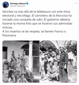 Captura del tweet del presidente de Vox, Santiago Abascal, criticando la exhumación del dictador Francisco Franco del Valle de los Caídos