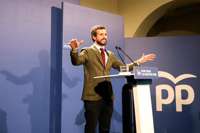 El presidente del Partido Popular, Pablo Casado, durante su intervención en el acto del PP en enTeruel/Aragón (España), a 23 de octubre de 2019.