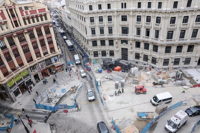 Vista general de las obras de rehabilitación del centro Canalejas, obra de ingeniería y arquitectura comenzada en 2013, en la plaza de Canalejas, n3, en Madrid, a 10 de octubre de 2019.