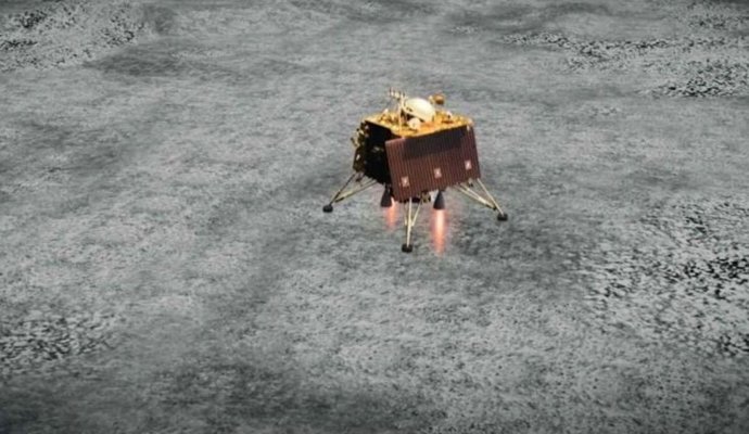 Recreación artística del aterrizador Vikram llegando a la Luna