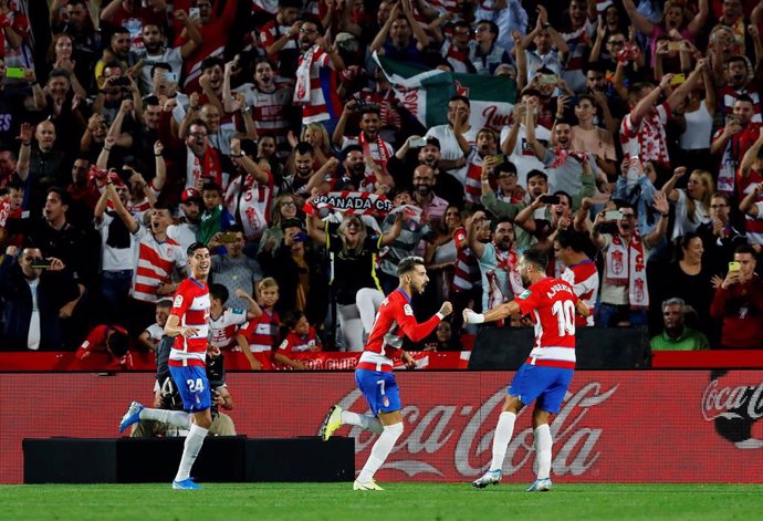 Varios jugadores del Granada CF celebran un gol.