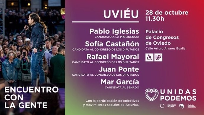 Cartel del 'Encuentro con la gente' de Unidas Podemos en Oviedo.