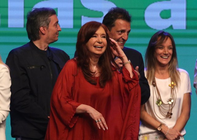Former President Cristina Fernandez de Kirchner, running mate of presidential candidate Alberto Fernandez, celebrates after election results in Buenos Aires, Argentina