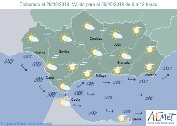 Mapa de previsiones de la Aemet hasta la jornada del miércoles 30, con predominio de los cielos soleados.