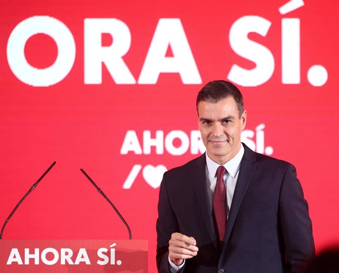 El president del Govern espanyol en funcions i secretari general del PSOE, Pedro Sánchez, durant l'acte de presentació de la campanya del PSOE per a les eleccions del 10N, Madrid (Espanya),  28 d'octubre del 2019.