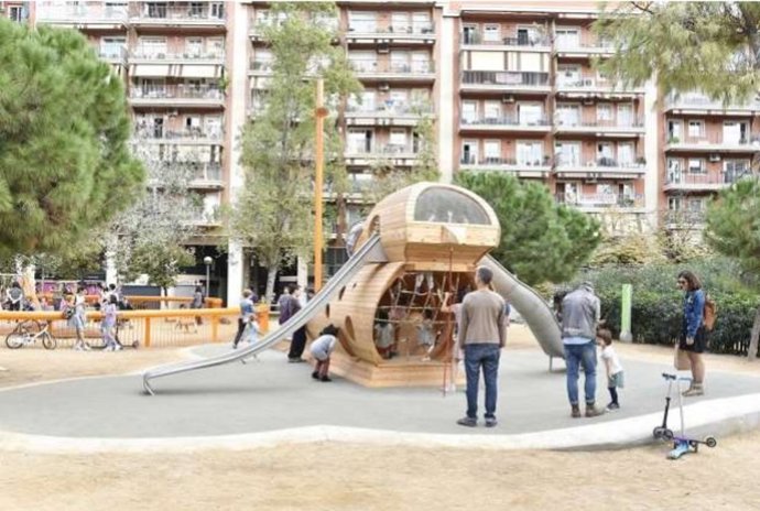 Barcelona instala una zona lúdica en los Jardins de la Indústria con forma de golondrina