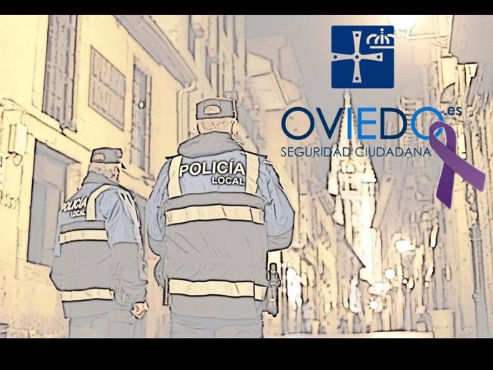 Imagen de dos policías locales de Oviedo con el crespón morado en contra de la violencia de género.