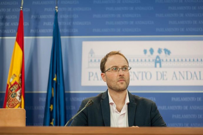 El portavoz de Empleo, Formación y Trabajo Autónomo del PP-A en el Parlamento, Erik Domínguez, en rueda de prensa