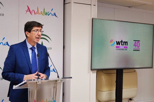 El vicepresidente de la Junta y consejero de Turismo, Regeneración, Justicia y Administración Local, Juan Marín, presenta la participación de Andalucía en la WTM de 2019.