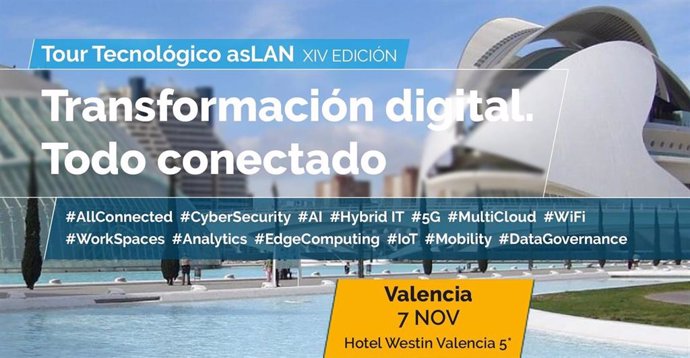 Cartel del tour tecnológico Aslan 2019 'Transformación digital: todo conectado' a su paso por Valencia.