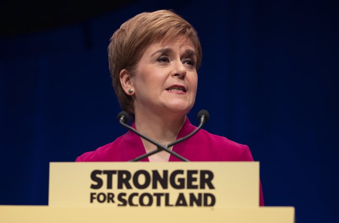 15 October 2019, Scotland, Aberdeen: First Minister of Scotland Nicola Sturgeon delivers her keynote speech during the SNP autumn conference at the Event Complex. Photo: Jane Barlow/PA Wire/dpa