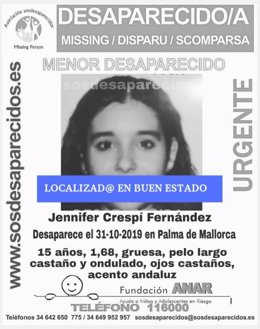 Cartel de la localización de la niña de de 15 años desaparecida en Palma