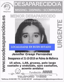 Cartell de la localització de la nena de de 15 anys desapareguda a Palma