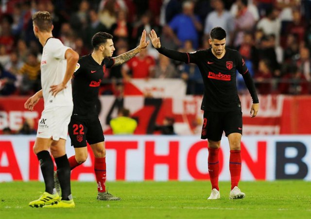 Álvaro Morata celebra un gol con el Atlético de Madrid.