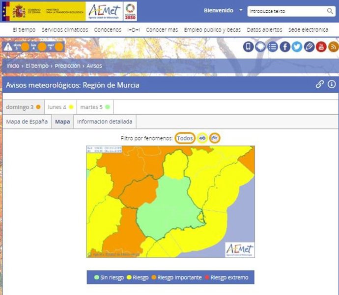 Mapa de alertas meteorológicas de la Aemet para Murcia