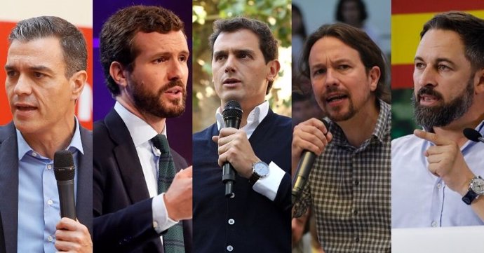 Imagen de los cinco candidatos nacionales al 10N: Pedro Sánchez (PSOE), Pablo Casado (PP), Albert Rivera (Cs), Pablo Iglesias (Unidas Podemos) y Santiago Abascal (Vox)