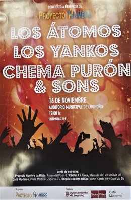 Los Atomos, Los Yankos y Chema Purón & Sons actuarán el 16 de noviembre en el Auditorio del Ayuntamiento de Logroño a beneficio de Proyecto Hombre.