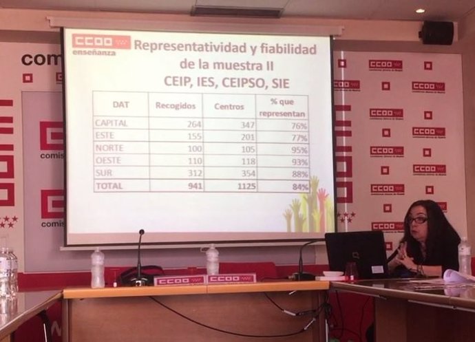 La secretaria general de CCOO Madrid, Isabel Díaz Ayuso, presenta un informe sobre las ratios escolares de alumnos con necesidades especiales.