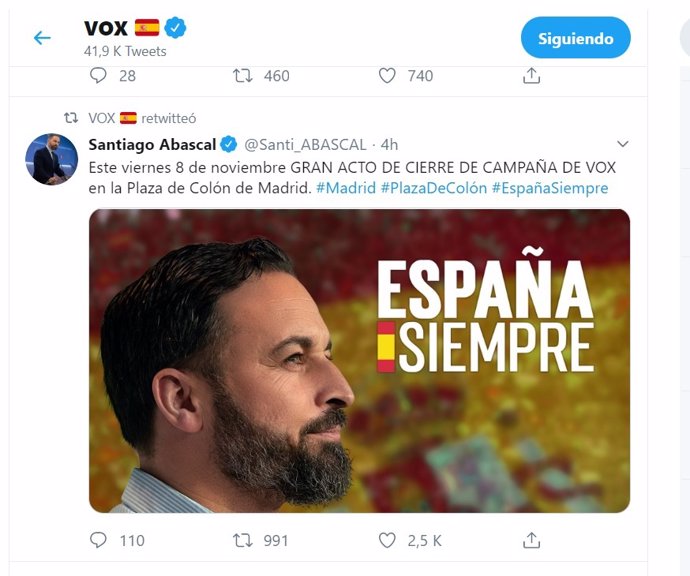 Twitter de Vox y de su líder, Santiago Abascal