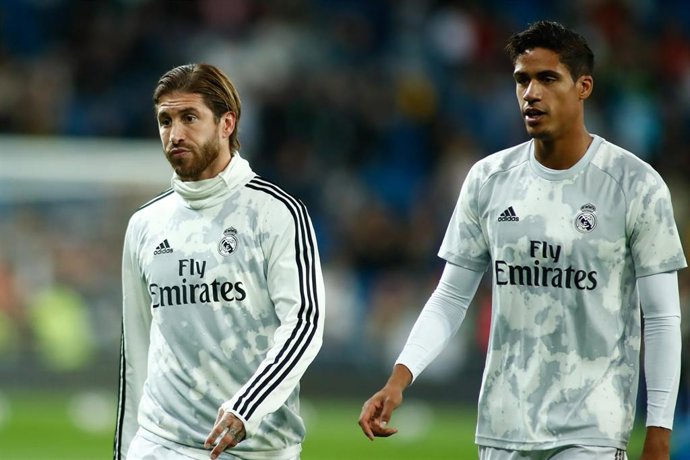 Sergio Ramos, player of Real Madrid from Spain, and Raphael Varane, player of Real Madrid from France, during the spanish league La Liga football match played between Real Madrid CF and Real Betis Balompie at Santiago Bernabeu Stadium on November 02, 20