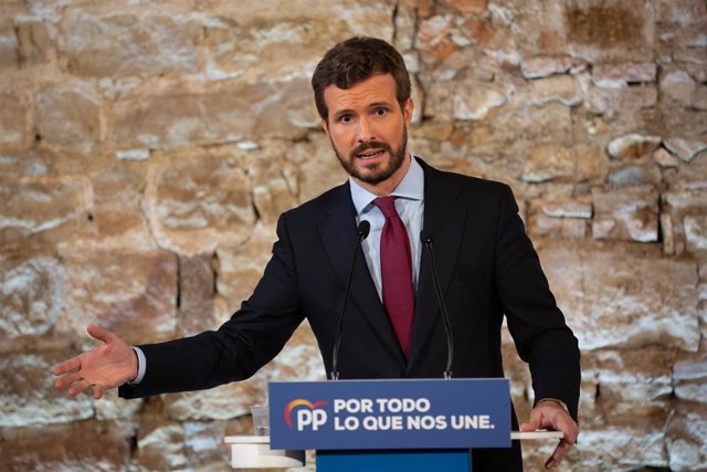 El presidente del PP y candidato a la Presidencia del Gobierno, Pablo Casado durante su intervención en un acto de campaña del Partido Popular en el Museo de Historia de Barcelona (España), a 6 de noviembre de 2019.