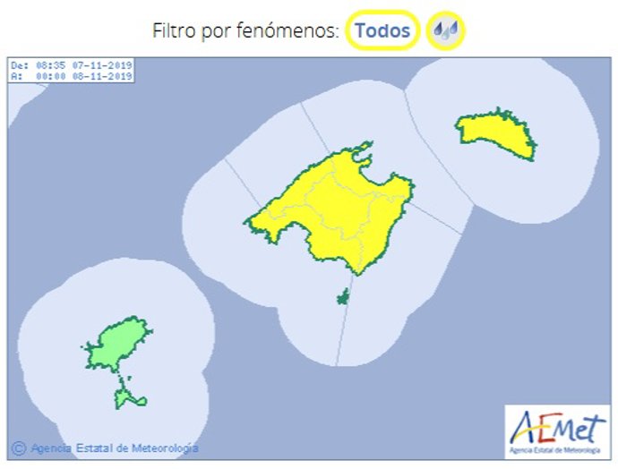 Mapa d'avisos d'aquest dijous, 7 de novembre, a Balears.