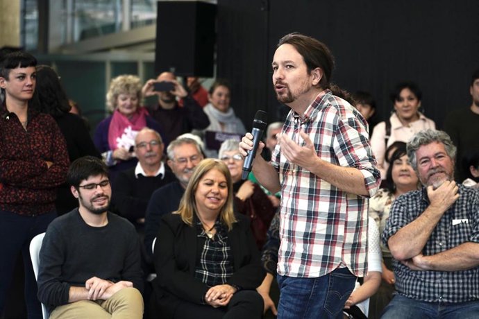 El candidato a la presidencia del Gobierno por Unidas Podemos, Pablo Iglesias interviene en un acto político, en el Palacio Euskalduna, en Bilbao (España), a 7 de noviembre de 2019.