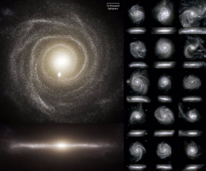 Luz óptica emitida por 16 galaxias en la simulación TNG50