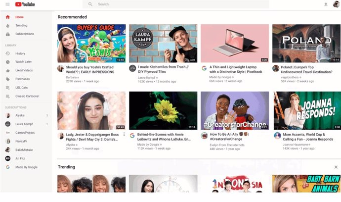 YouTube actualiza el diseño de su página de inicio en ordenadores y tabletas
