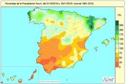 Mapa de lluvias acumuladas en el presente año hidrológico en España desde el 1 de octubre de 2019 hasta el 7 de noviembre. Sequía y lluvias por debajo de lo normal en la mayor parte de la Península y los archipiélagos.