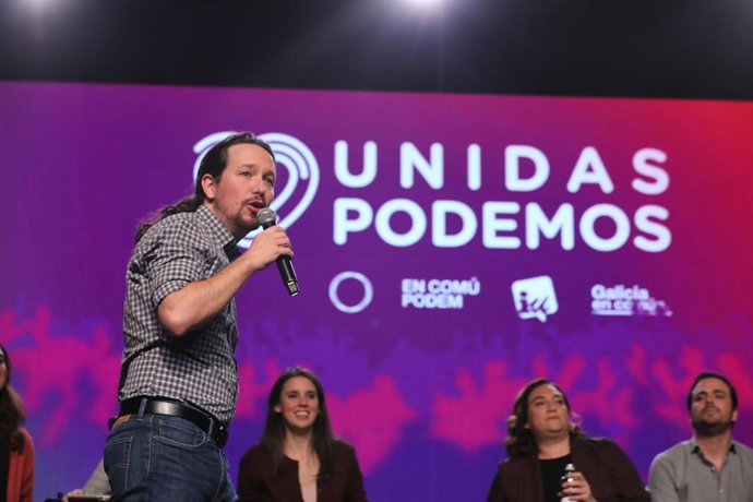 El candidato a la Presidencia del Gobierno por Unidas Podemos, Pablo Iglesias durante un mitin de fin de campaña del partido en la Feria de Madrid (IFEMA), en Madrid, a 8 de noviembre de 2019.