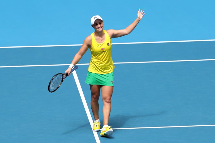09 November 2019, Australia, Perth: Australian tennis player Ashleigh Barty celebrates after winning her match against France's Caroline Garcia during day 1 of the 2019 Fed Cup between Australia and France at Perth Arena. Photo: Richard Wainwright/AAP/d