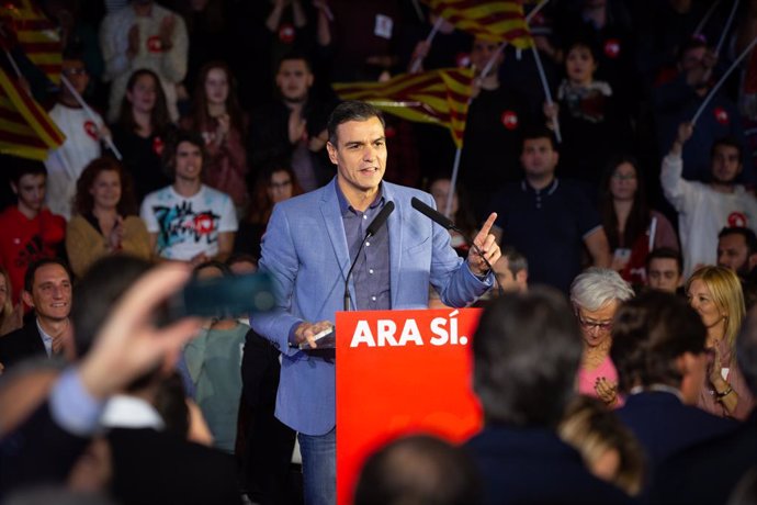 El president del Govern central en funcions i candidat a la presidncia pel PSOE, Pedro Sánchez, durant l'acte de tancament de campanya a Barcelona (Espanya), a 8 de novembre del 2019.