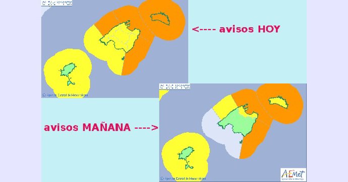 Mapa de avisos en Baleares.