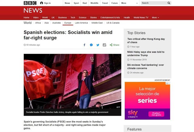 Pantallazo de una noticia de la BBC: "Elecciones españolas: Los socialistas ganan en medio del repunte de la extrema derecha"