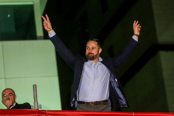 El candidato de Vox a la Presidencia del Gobierno, Santiago Abascal, duratne la celebración de los resultados electorales en Madrid