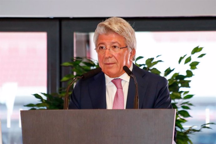 Enrique Cerezo, President of Atletico de Madrid, during the inauguration of the monument tribute to Atletico-Aviacion celebrated at Wanda Metropolitano Stadium in Madrid, Spain, on October 24, 2019.