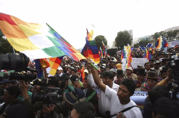 Cocaleros ondeando banderas wiphala