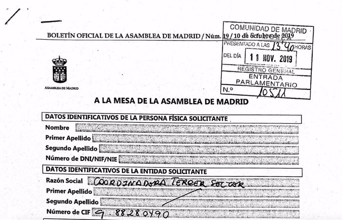 Copia del registro de la primera Propuesta Ciudadana en la Asamblea de Madrid