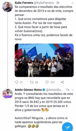 Imagen del mensaje difundido a través de la cuenta de Twitter de Antón Gómez Reino