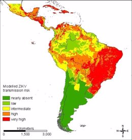 Riesgo de infección de Zika modelado para América del Sur.