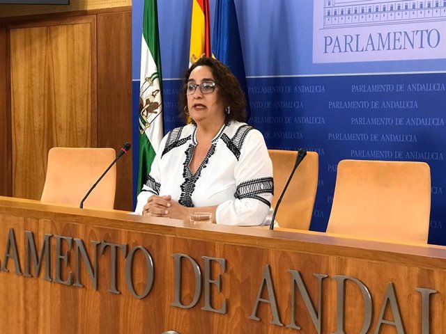 La portavoz adjunta del grupo parlamentario de Adelante Andalucía, Ángela Aguilera, en rueda de prensa