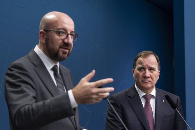 HANDOUT - 07 November 2019, Sweden, Stockholm: European Council President-elect Charles Michel and Sweden's Prime Minister Stefan Lofven (R) hold a joint press conference following their meeting. Photo: Jonathan Nackstrand/EU Council /dpa - ATTENTION: edi