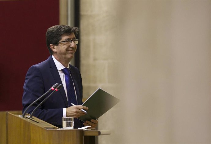 El vicepresidente de la Junda de Andalucía, Juan Marín, al inicio de su comparecencia.   En Sevilla, 13 de noviembre de 2019.