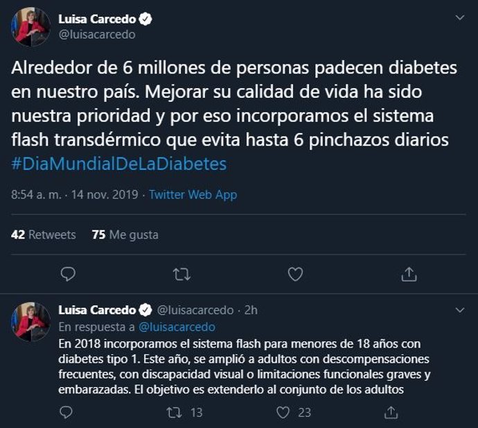 Tuits de la ministra de Sanidad, María Luisa Carcedo, con motivo del Día Mundial de la Diabetes, que se celebra este jueves 14 de noviembre