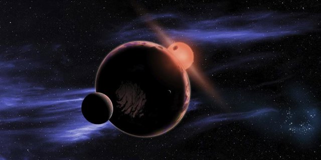 Recreación de exoplaneta con dos lunas orbitando en la zona habitable de una enana roja