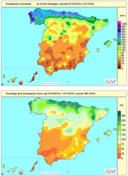 Las lluvias acumuladas en España entre el 1 d eoctubre y el 12 de noviembre superan en un 2% el valor normal en el conjunto de España, aunque amplias zonas registran una falta acusada de precipitaciones.