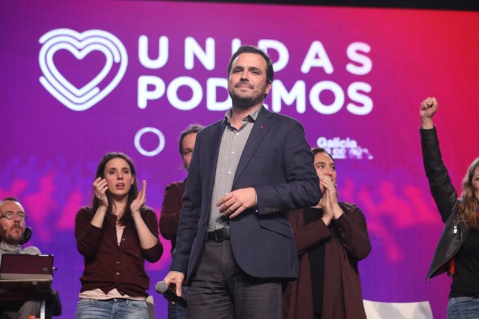 el coordinador federal de IU y candidato de Unidas Podemos al Congreso por Málaga, Alberto Garzón durante un mítin de fin de campaña de Unidas Podemos en la Feria de Madrid (IFEMA), en Madrid, a 8 de noviembre de 2019.