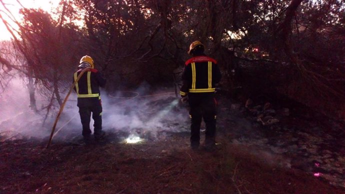Dos bomberos trabajando en labores de extinción de un incendio en Formentera.