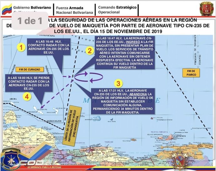 Imagen del recorrido que ha realizado el avión estadounidense denunciado por el CEOFANB.
